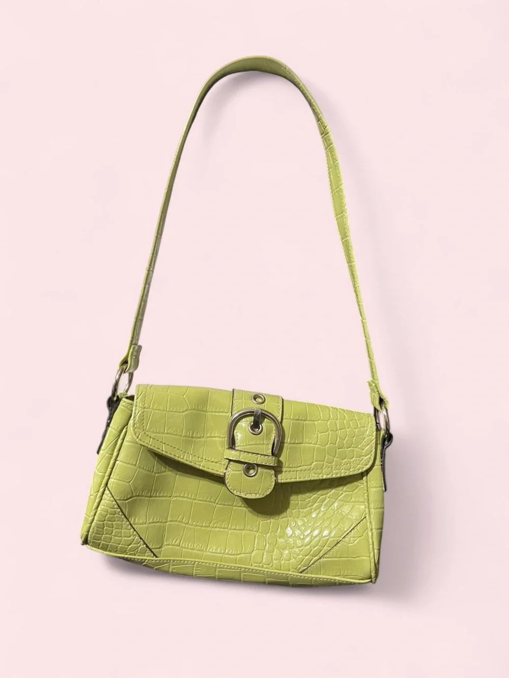 Lime Green Croc-Embossed Shoulder Bag